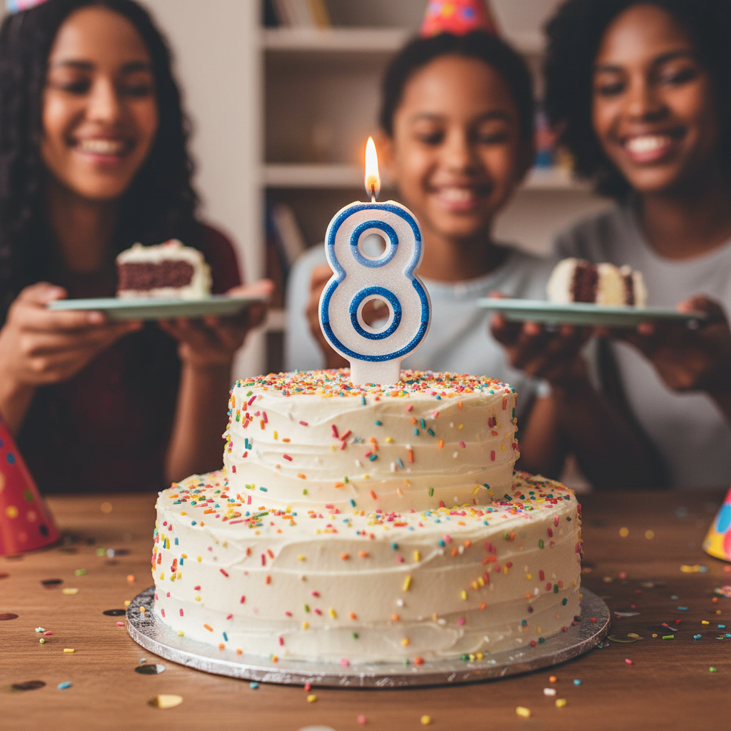 Blue glitter number 8 birthday candle lit and burning on birthday cake during joyful celebration