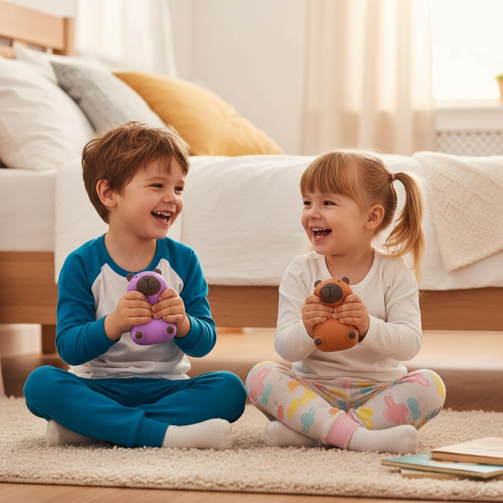 Two children sitting together holding purple and brown stretchy capybara squeeze toys in bedroom