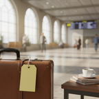 Pale yellow manilla tie-on luggage label attached to a suitcase in a travel setting, natural window light, rule of thirds composition