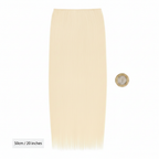 20 inch platinum blonde clip-in hair extension #613 Daisy flat lay beside a £1 coin for scale on white background