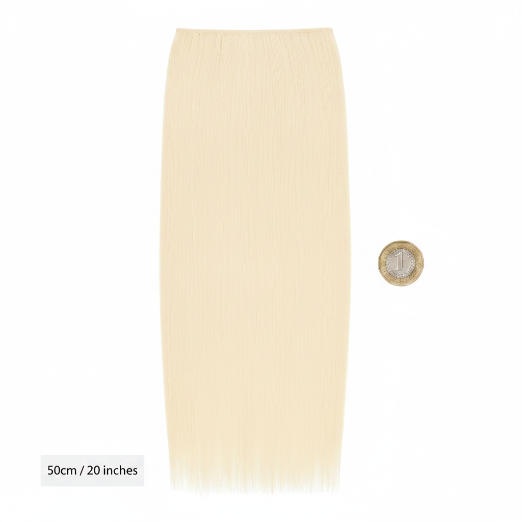20 inch platinum blonde clip-in hair extension #613 Daisy flat lay beside a £1 coin for scale on white background