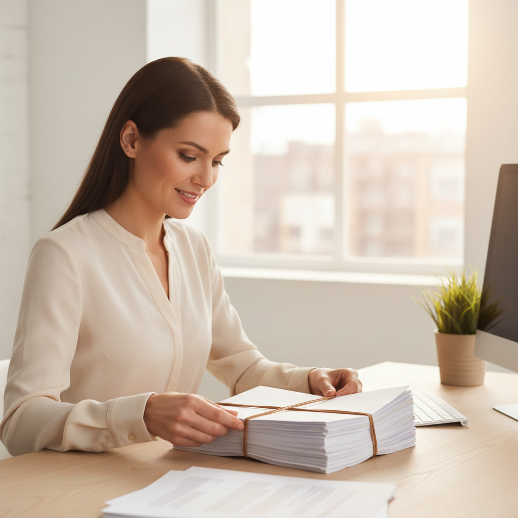 Professional woman bundling documents with Just Stationery heavy duty elastic bands at her office desk
