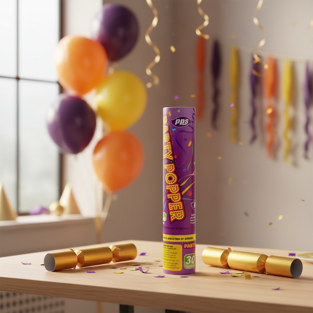 Purple 30cm confetti cannon party popper in a decorated party setting