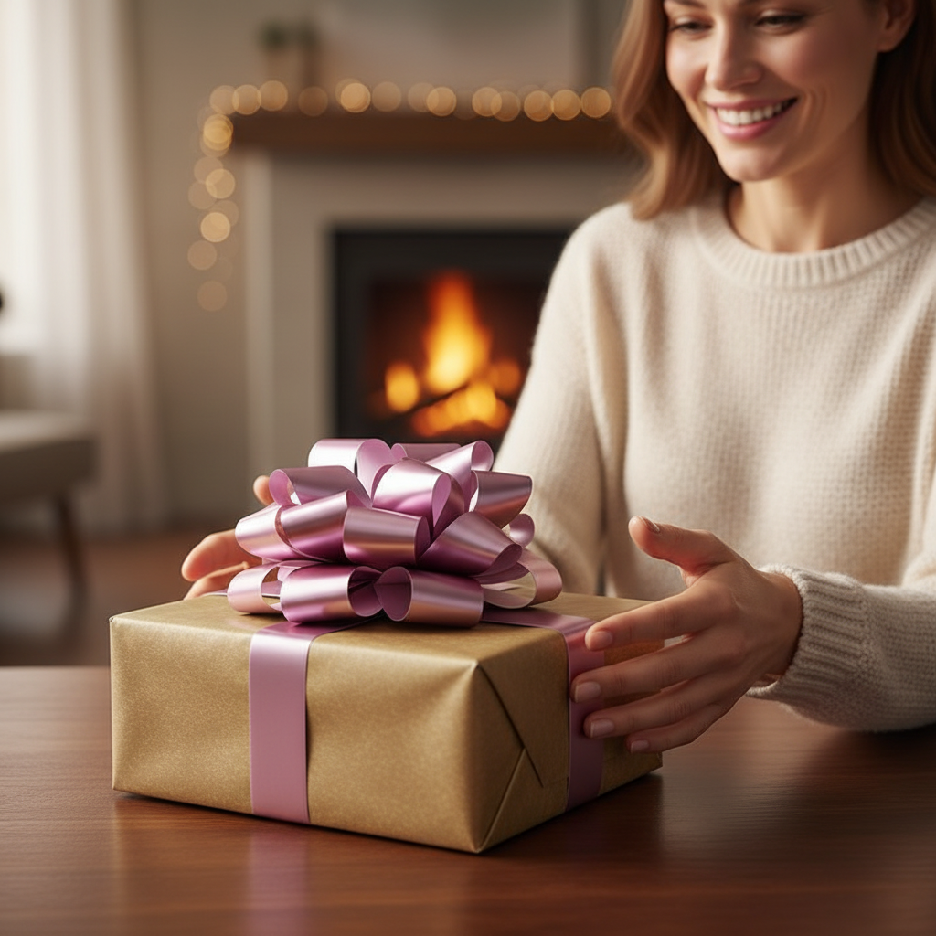 Gift recipient smiling reaching for a beautifully wrapped present with large pink pull bow, warm lifestyle scene