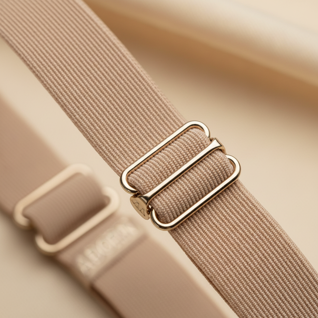 Extreme macro close-up of Adorn 1.2cm beige adjustable bra strap showing elastic weave texture, slide adjuster and clip hook detail