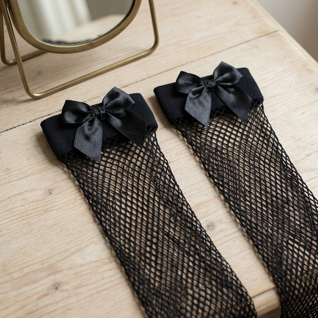 A pair of black fishnet thigh-high stockings with matching black satin bow cuffs, laid flat on a light wood surface next to a gold-framed mirror.
