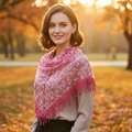 Elegant woman wearing a rose red triangle lace scarf outdoors at golden hour, scarf draped gracefully around her shoulders