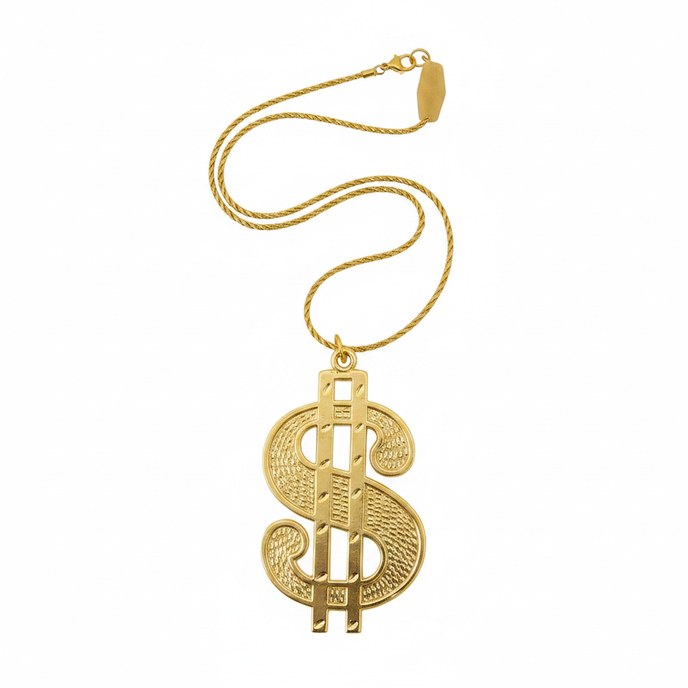 Gold dollar sign medallion necklace 11cm on pure white background, Amazon and eBay compliant hero shot