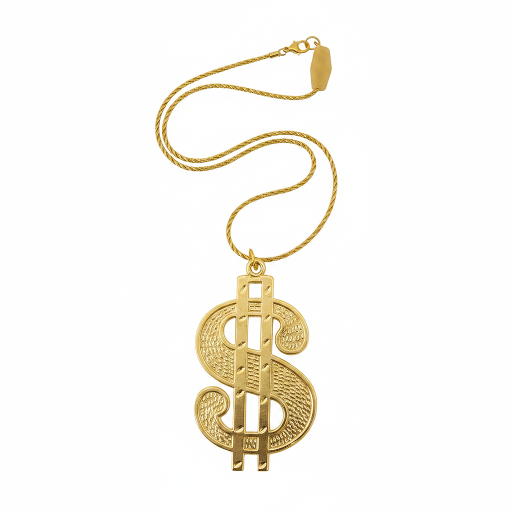 Gold dollar sign medallion necklace 11cm on pure white background, Amazon and eBay compliant hero shot