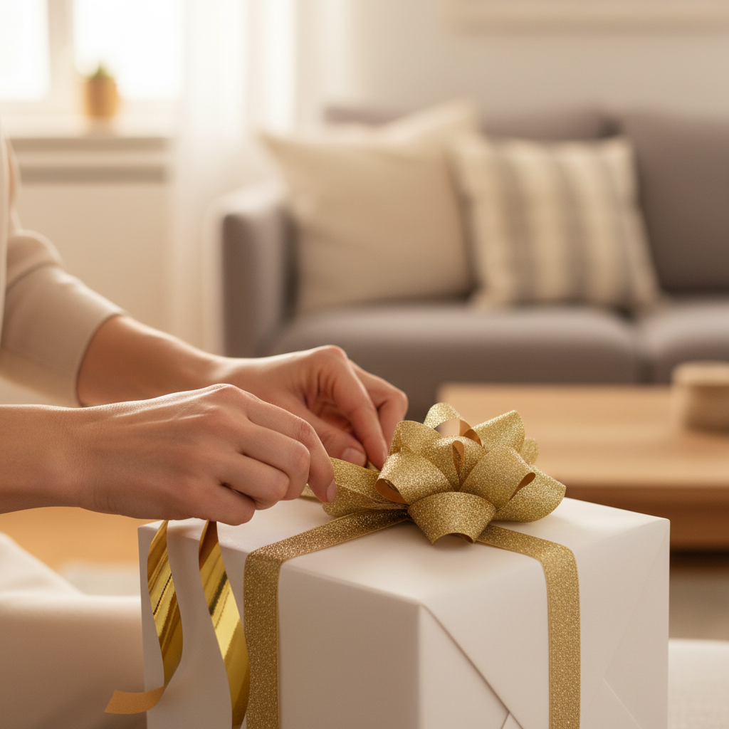 Hands tying a gold glitter bow onto a wrapped gift with metallic gold ribbon