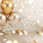 It's My Birthday gold tiara hero shot with sparkling rhinestones on luxurious party background with champagne balloons and golden confetti