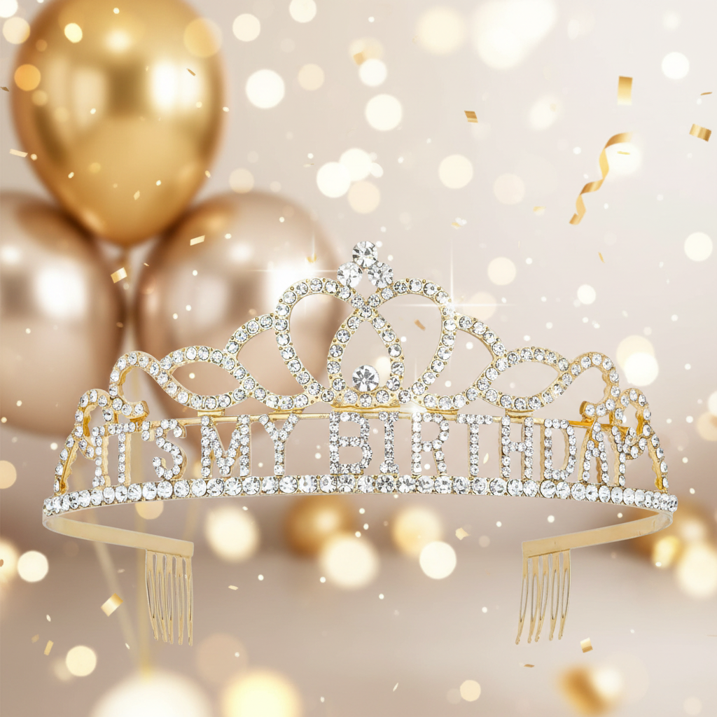 It's My Birthday gold tiara hero shot with sparkling rhinestones on luxurious party background with champagne balloons and golden confetti