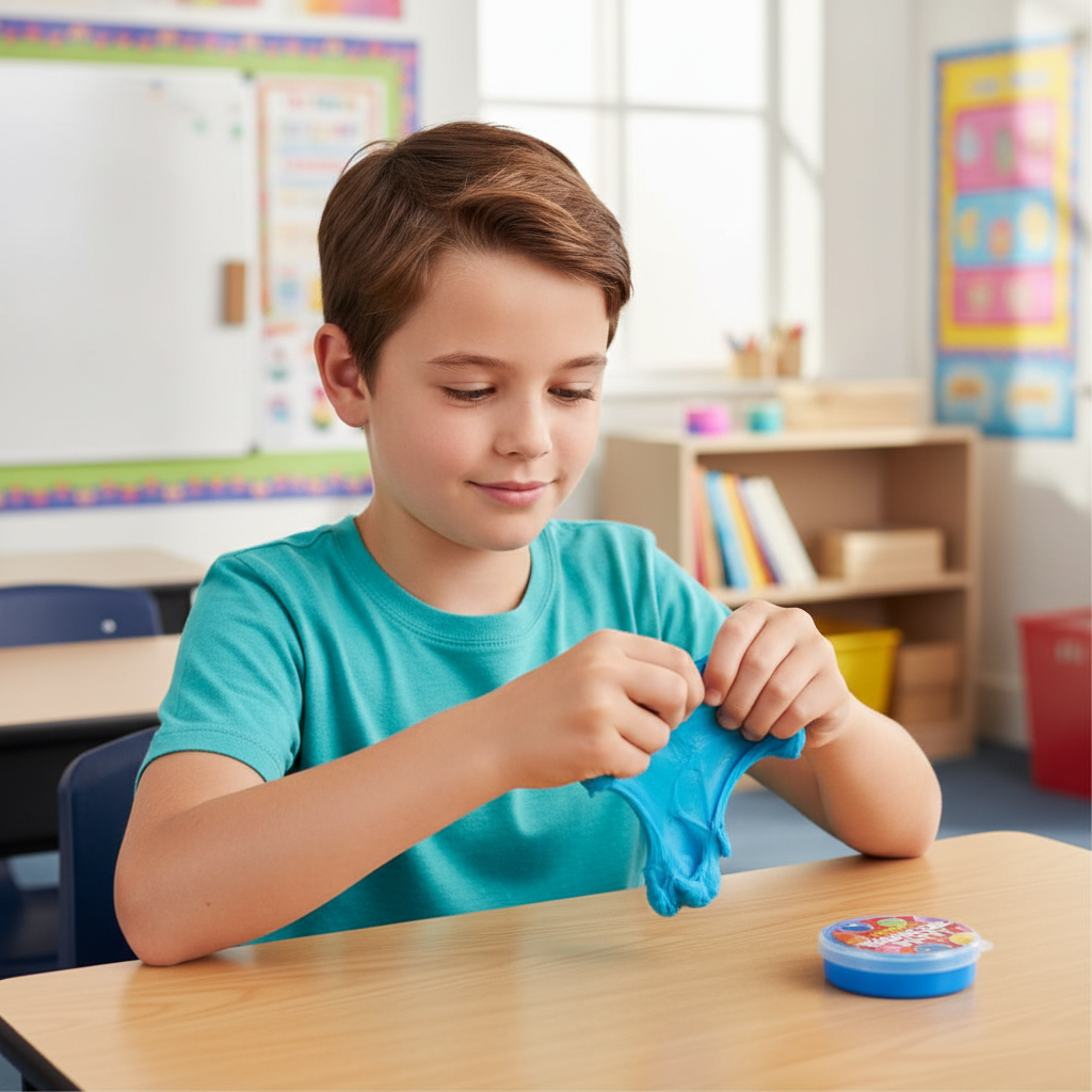 Child playing with bouncing putty at school desk during break time