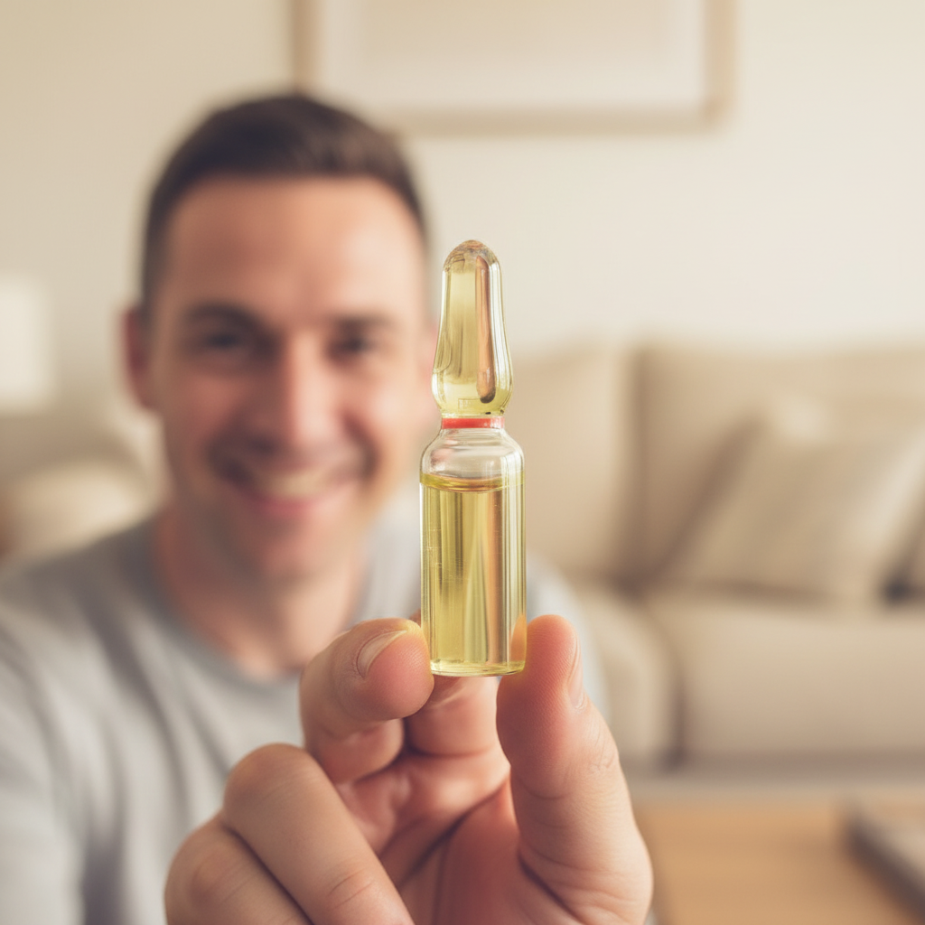 Close-up of hand holding a clear Funnyman Products stink bomb glass ampoule with yellow-green liquid — adult prank novelty