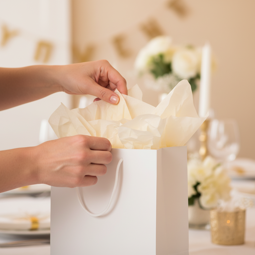 Candid lifestyle photo of hands placing ivory cream tissue paper into a white gift bag for a wedding, warm bokeh background