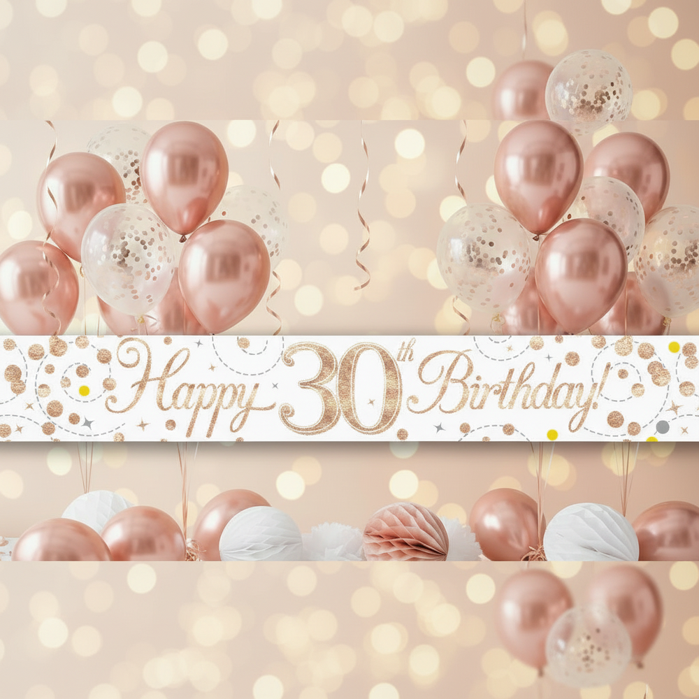 Sparkling Fizz 30th Birthday Banner White Rose Gold Holographic 9ft Party Decoration