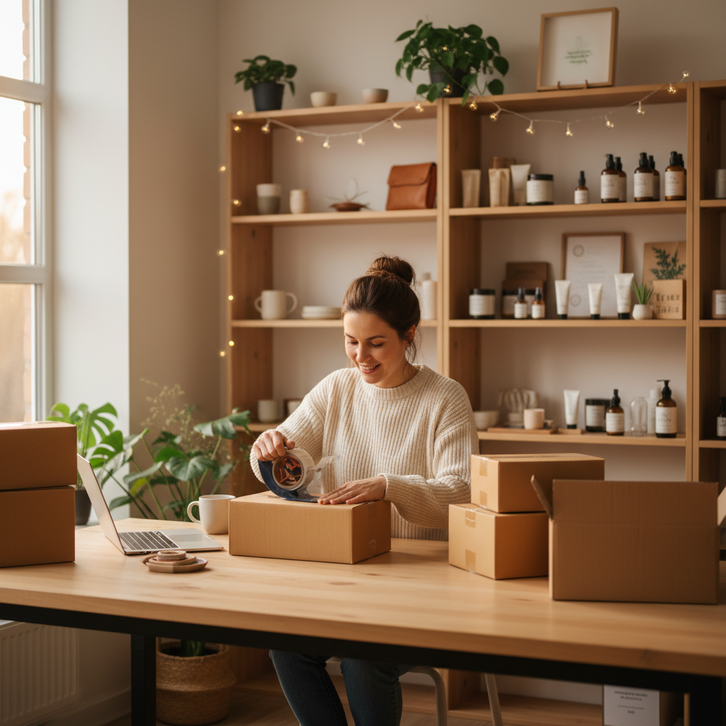 Small business owner packing orders using clear packing tape to seal cardboard boxes in a tidy workspace