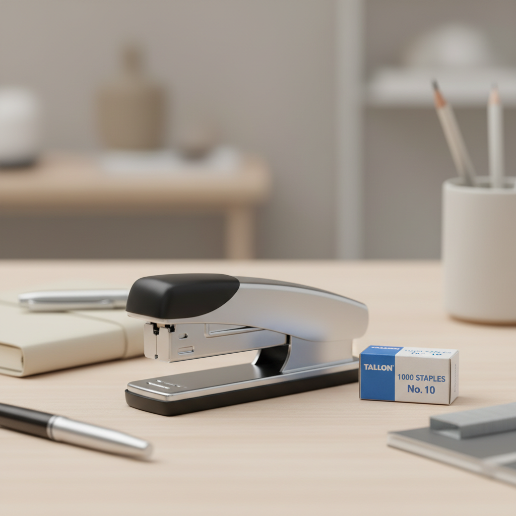 Desktop stapler with 1000 staples on a styled office desk background