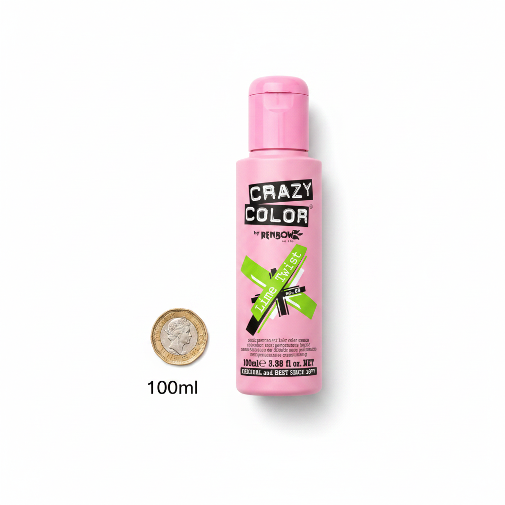 Crazy Color Lime Twist Hair Dye 100ml flat lay beside a £1 coin showing product size on white background