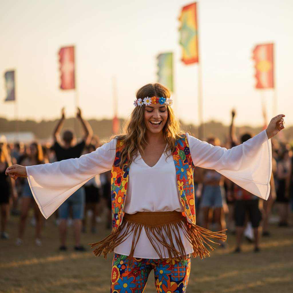 Woman wearing Adults Flower Hippie Costume dancing at outdoor summer music festival — 60s fancy dress costume