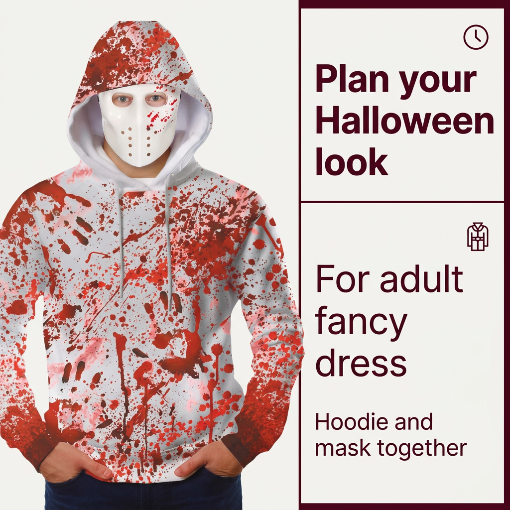 Adult hoodie and white mask beside Halloween fancy-dress outfit information.