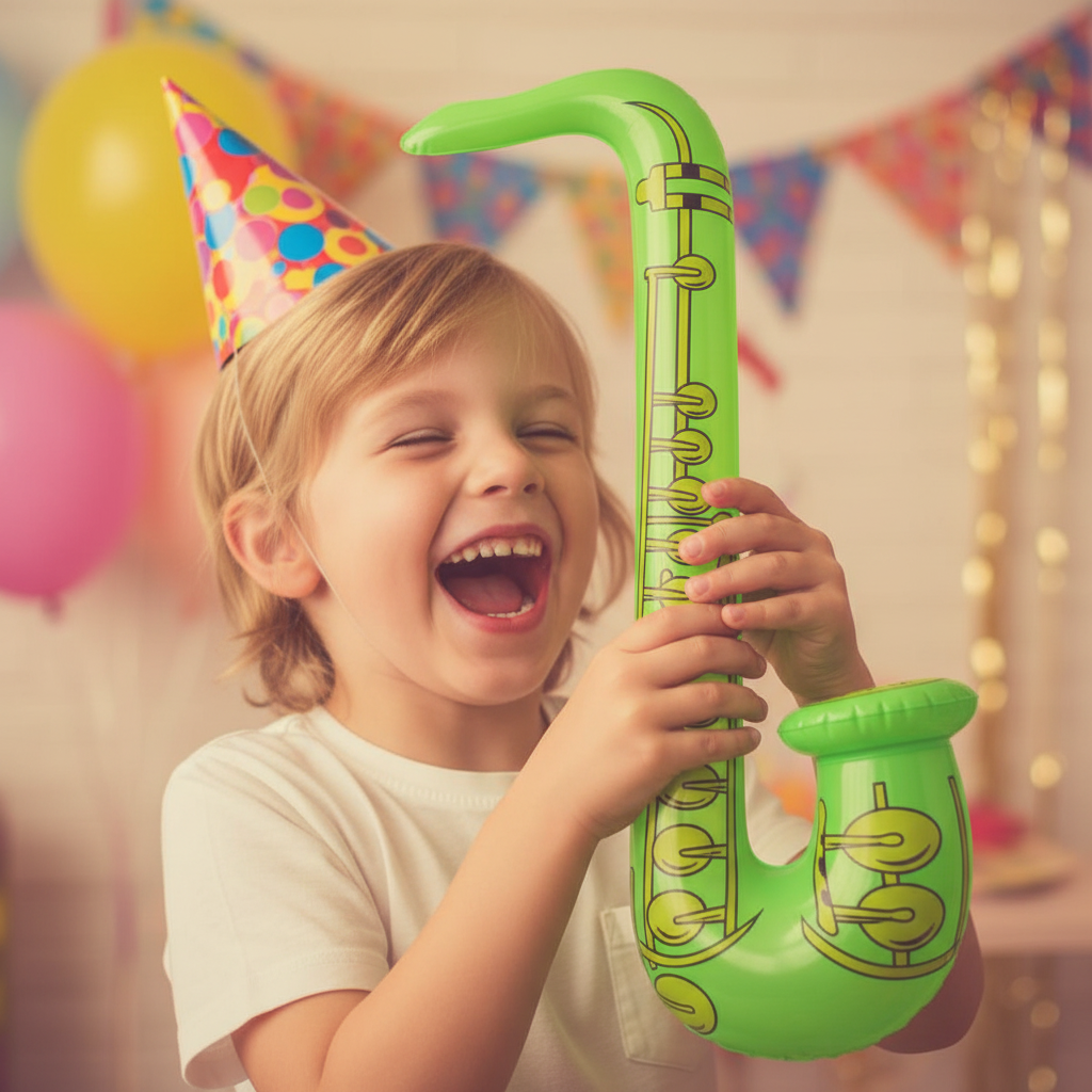 Child laughing and pretending to play a neon green inflatable saxophone at a birthday party
