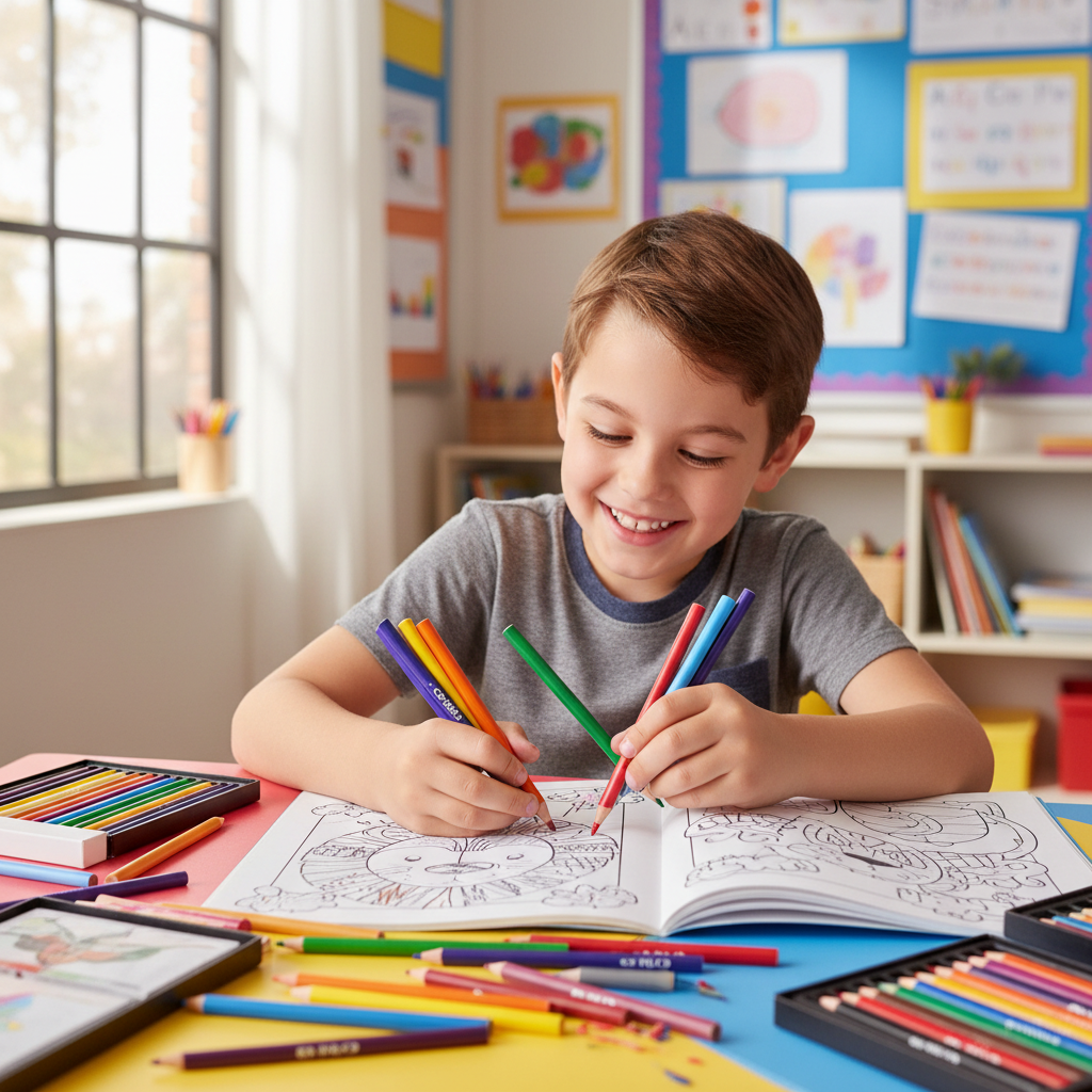 Child using Cre8 colouring pencils to draw in coloring book at classroom desk