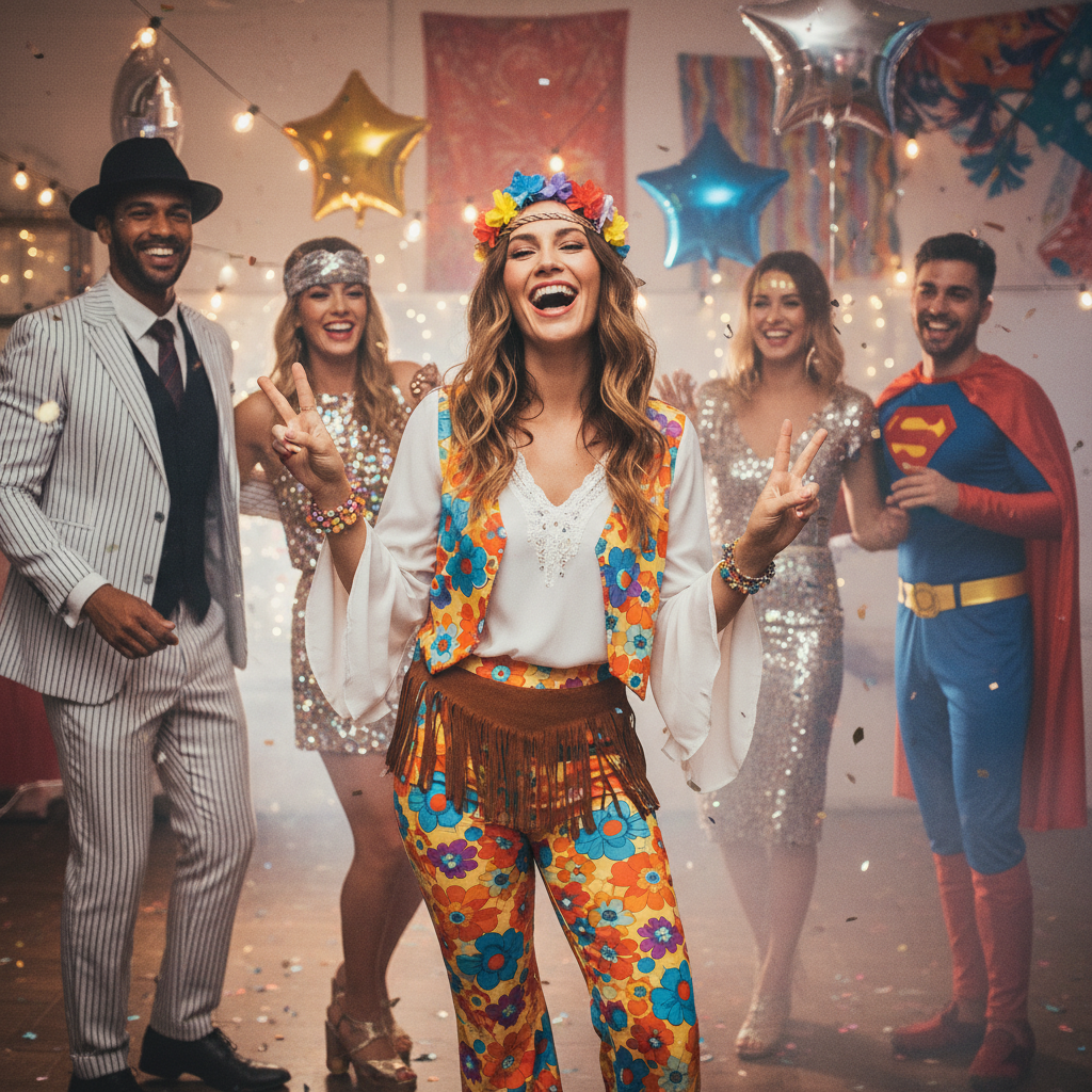 Woman in Adults Flower Hippie Costume laughing with friends at a fancy dress party — flower power costume