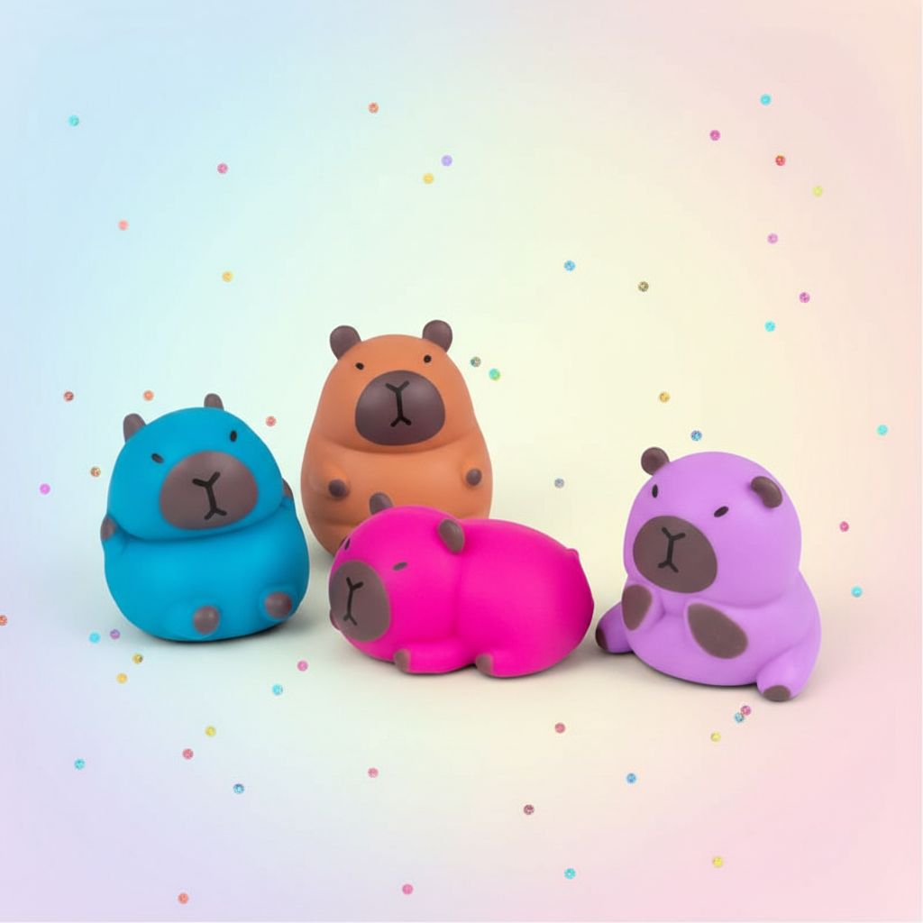 Four stretchy capybara squeeze toys in blue, brown, pink and purple on pastel background