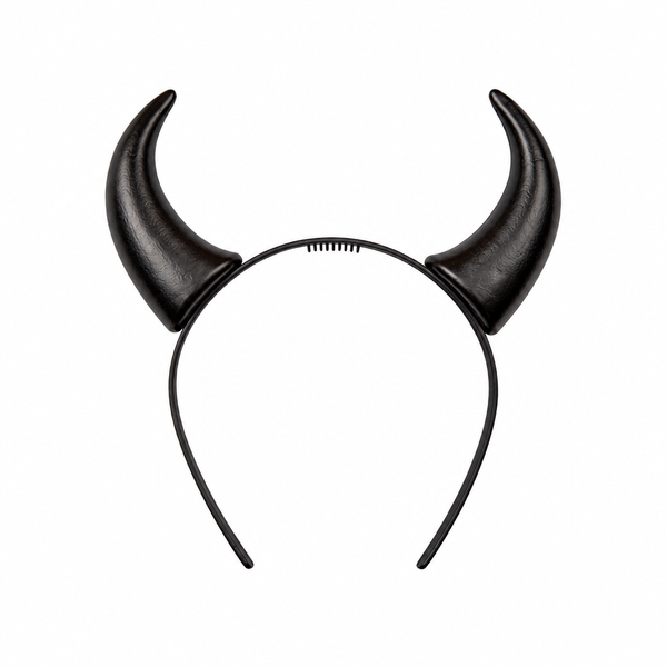 Black devil horns on a headband against a white background