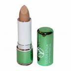 W7 Tea Tree Concealer Stick Medium/Deep on pure white background, metallic green casing with white barrel and silver ring, warm beige concealer bullet visible
