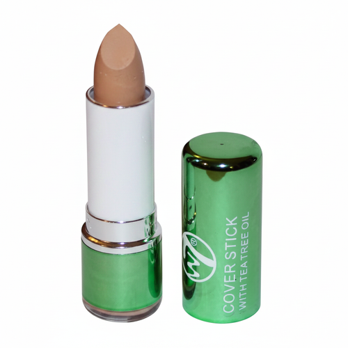 W7 Tea Tree Concealer Stick Medium/Deep on pure white background, metallic green casing with white barrel and silver ring, warm beige concealer bullet visible