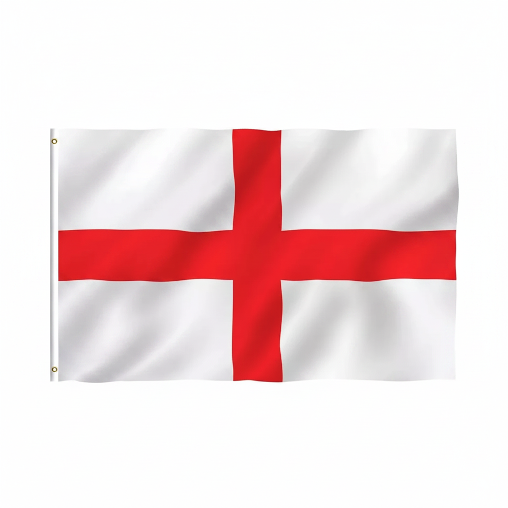 England St George Cross Flag 60cm x 90cm flat lay on pure white background, vivid red cross, brass eyelets, Amazon hero shot