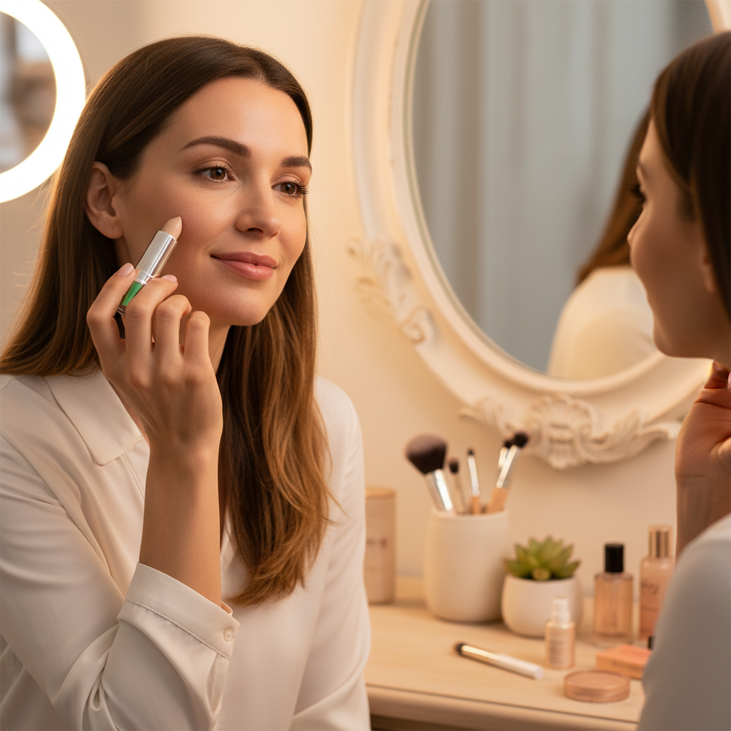 Woman using W7 Tea Tree Concealer Stick Light/Medium to apply coverage at vanity with mirror