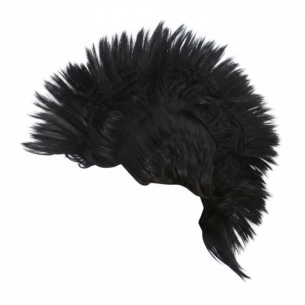 Black punk rocker mohawk wig on pure white background, studio lighting, Amazon hero shot