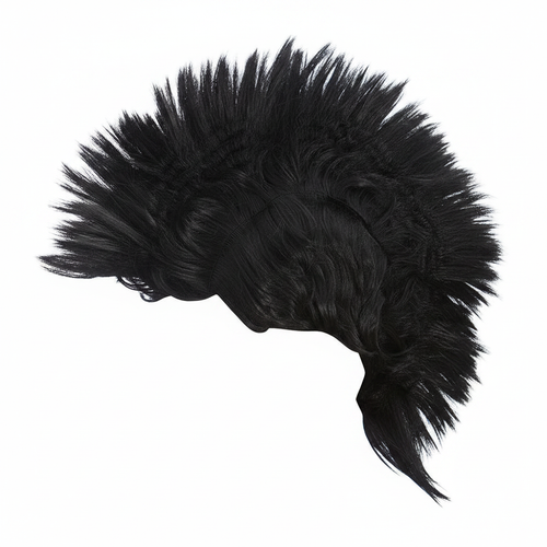 Black punk rocker mohawk wig on pure white background, studio lighting, Amazon hero shot