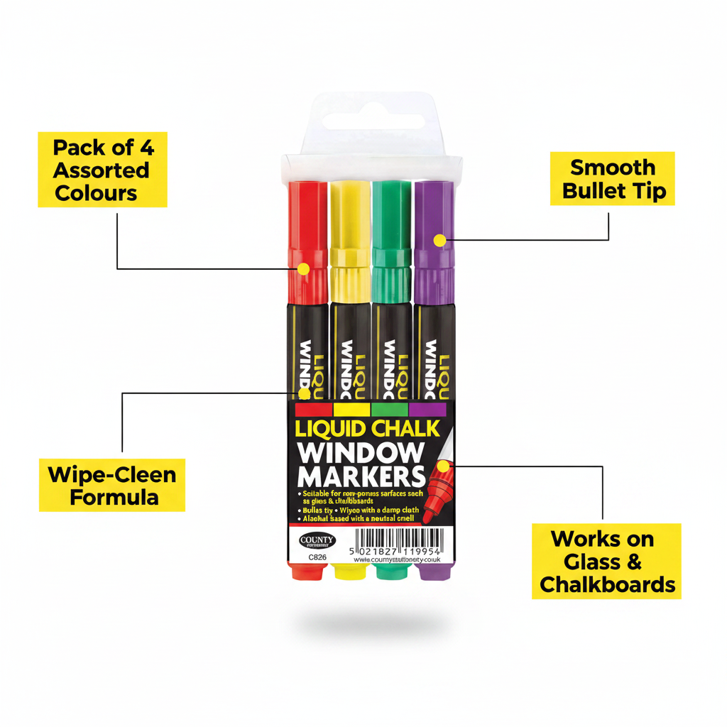 Liquid chalk pens infographic showing pack of 4 assorted colours, smooth bullet tip, wipe-clean formula and works on glass and chalkboards