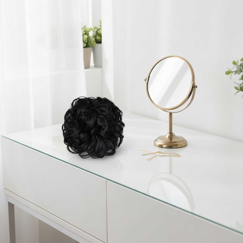 Jet black curly messy hair bun on a dressing table vanity with natural window light, interior magazine styling