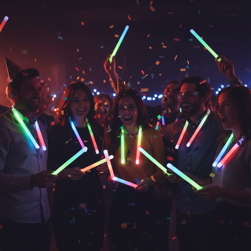 Adults wearing assorted neon glow sticks on lanyards at a New Year's Eve celebration - Why Not Shop