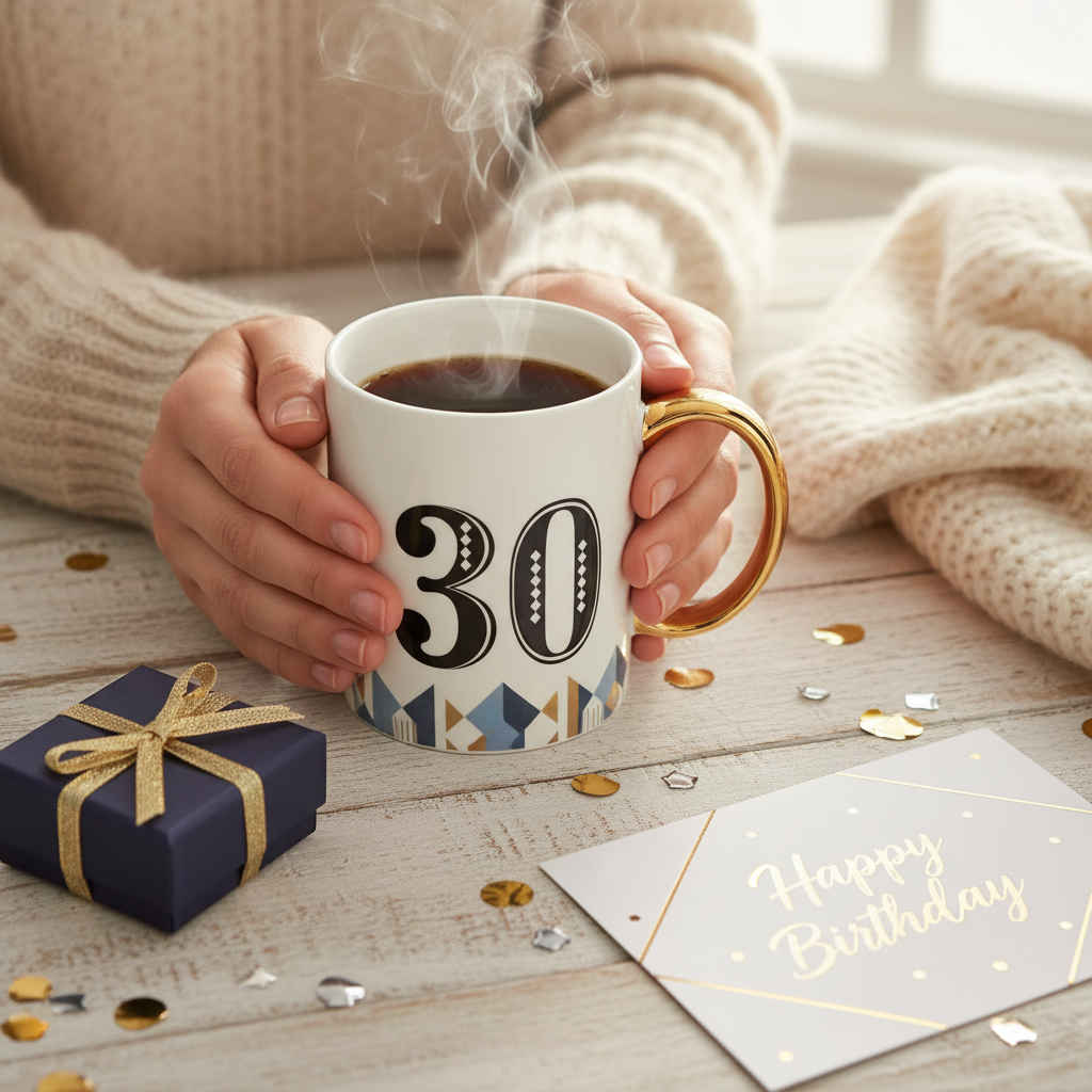 Hands holding Art Deco 30th birthday mug with steam rising, gift box and card on table