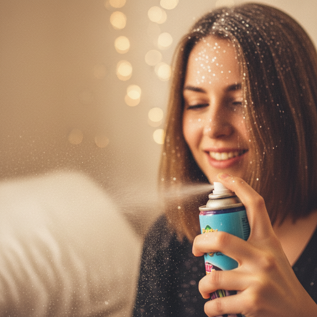 Person spraying Party Success silver hair colour spray into their hair, candid authentic moment, bokeh background