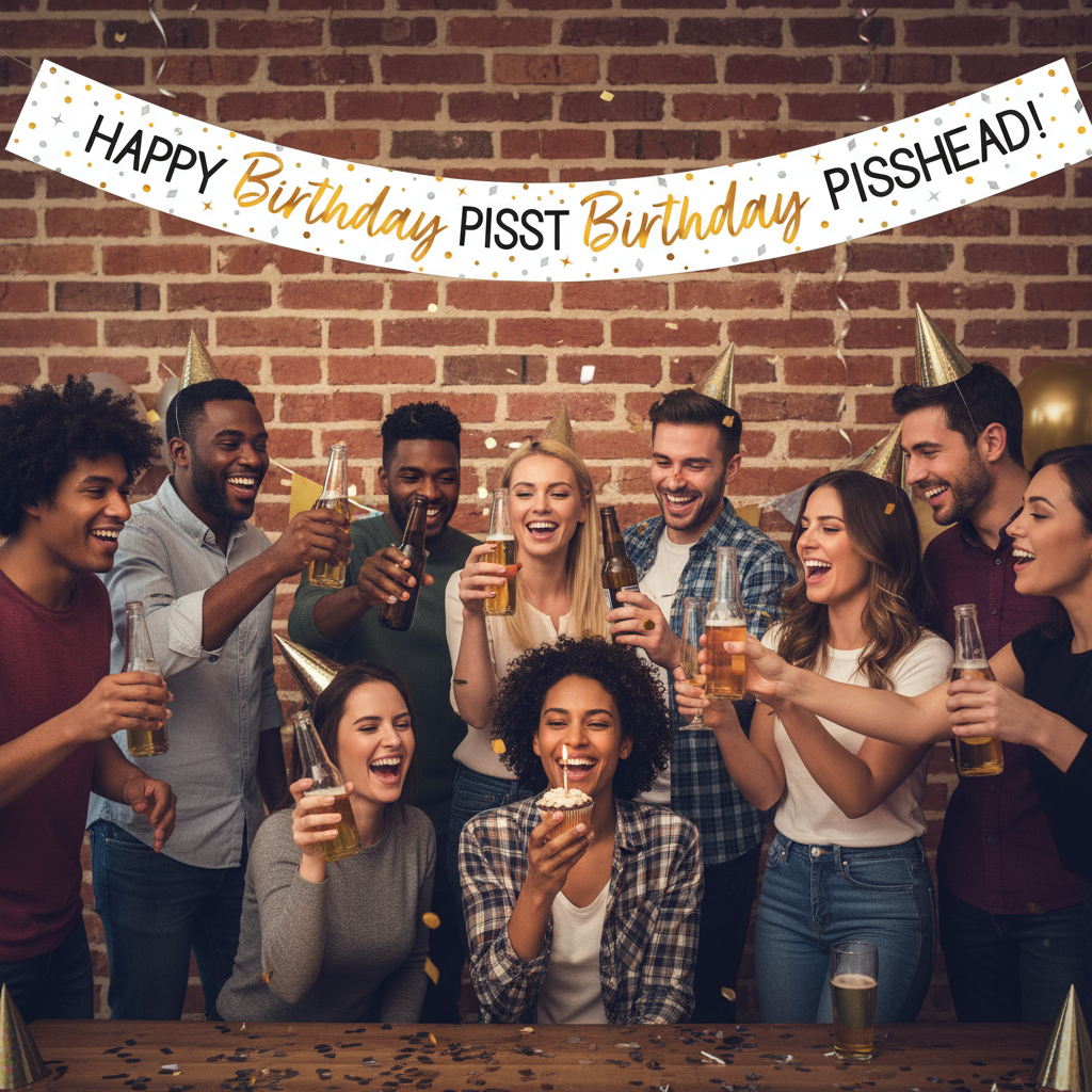 Adult birthday party with Happy Birthday Pisshead banner displayed above celebrating friends