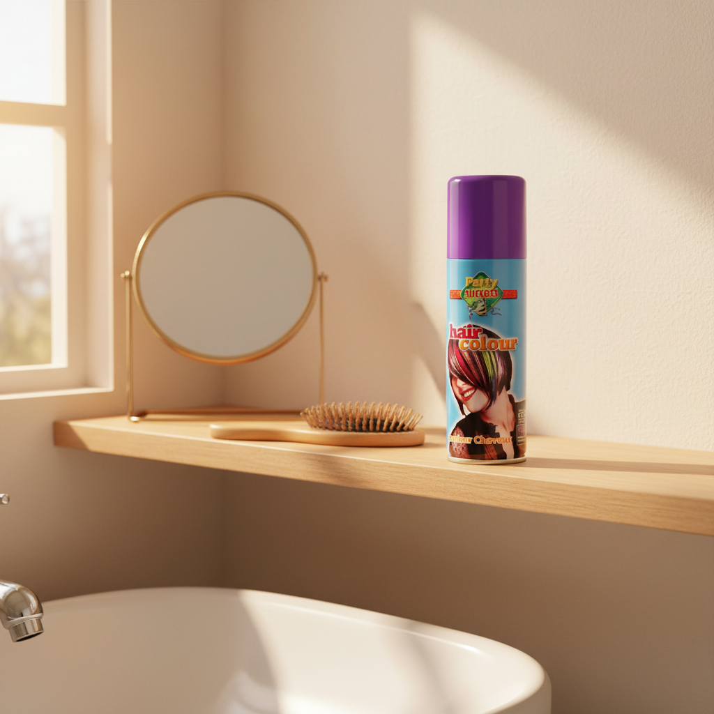 Party Success purple hair colour spray on bathroom vanity shelf with natural window light and minimal props