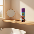 Party Success purple hair colour spray on bathroom vanity shelf with natural window light and minimal props