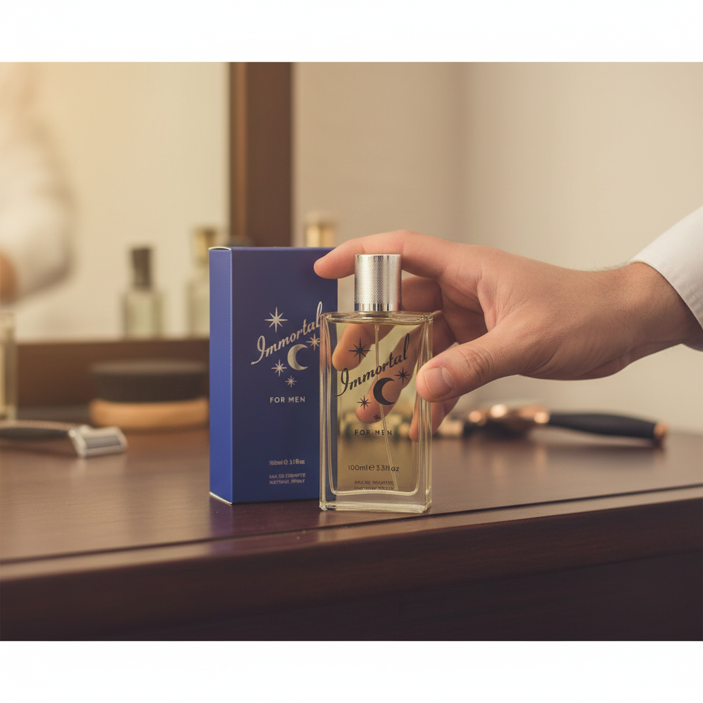 Man's hand picking up D&M Immortal For Men clear glass EDT bottle with silver chrome cap from a dark wooden dressing table, 85mm bokeh simulation, royal blue box softly visible in background