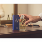 Man's hand picking up D&M Immortal For Men clear glass EDT bottle with silver chrome cap from a dark wooden dressing table, 85mm bokeh simulation, royal blue box softly visible in background