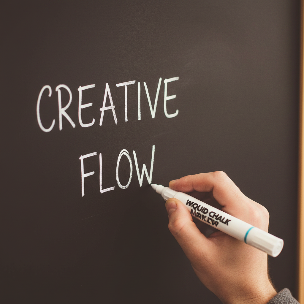 Close-up of a hand writing crisp white lettering on a chalkboard with a liquid chalk white marker pen