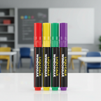 Liquid chalk pens assorted colours pack of 4 standing upright on white desk - product shot