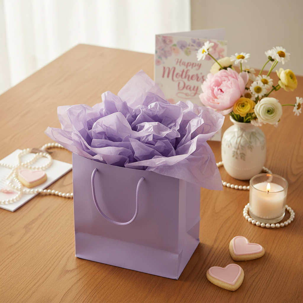Gift bag overflowing with lilac tissue paper surrounded by spring flowers and Mother's Day gifts