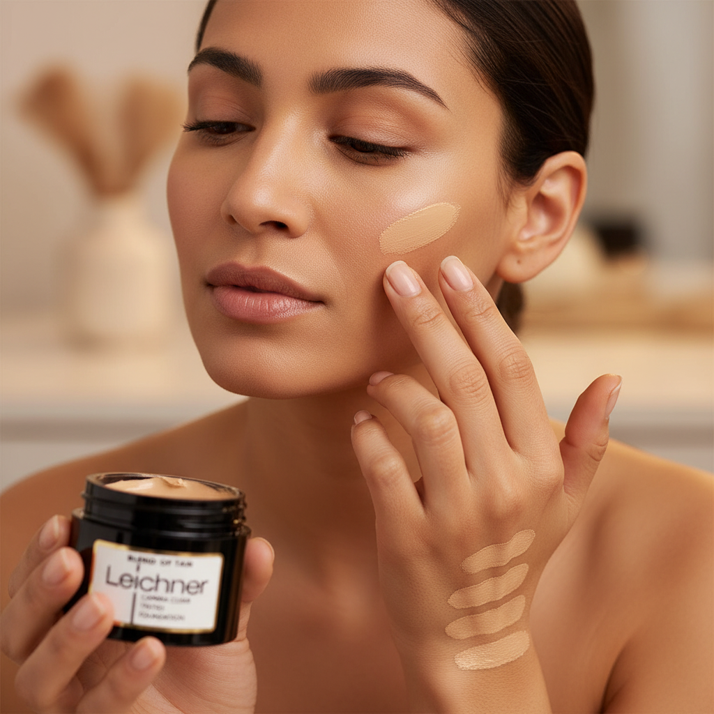 Woman applying Leichner Camera Clear Tinted Foundation Blend of Tan to her face in a candid moment